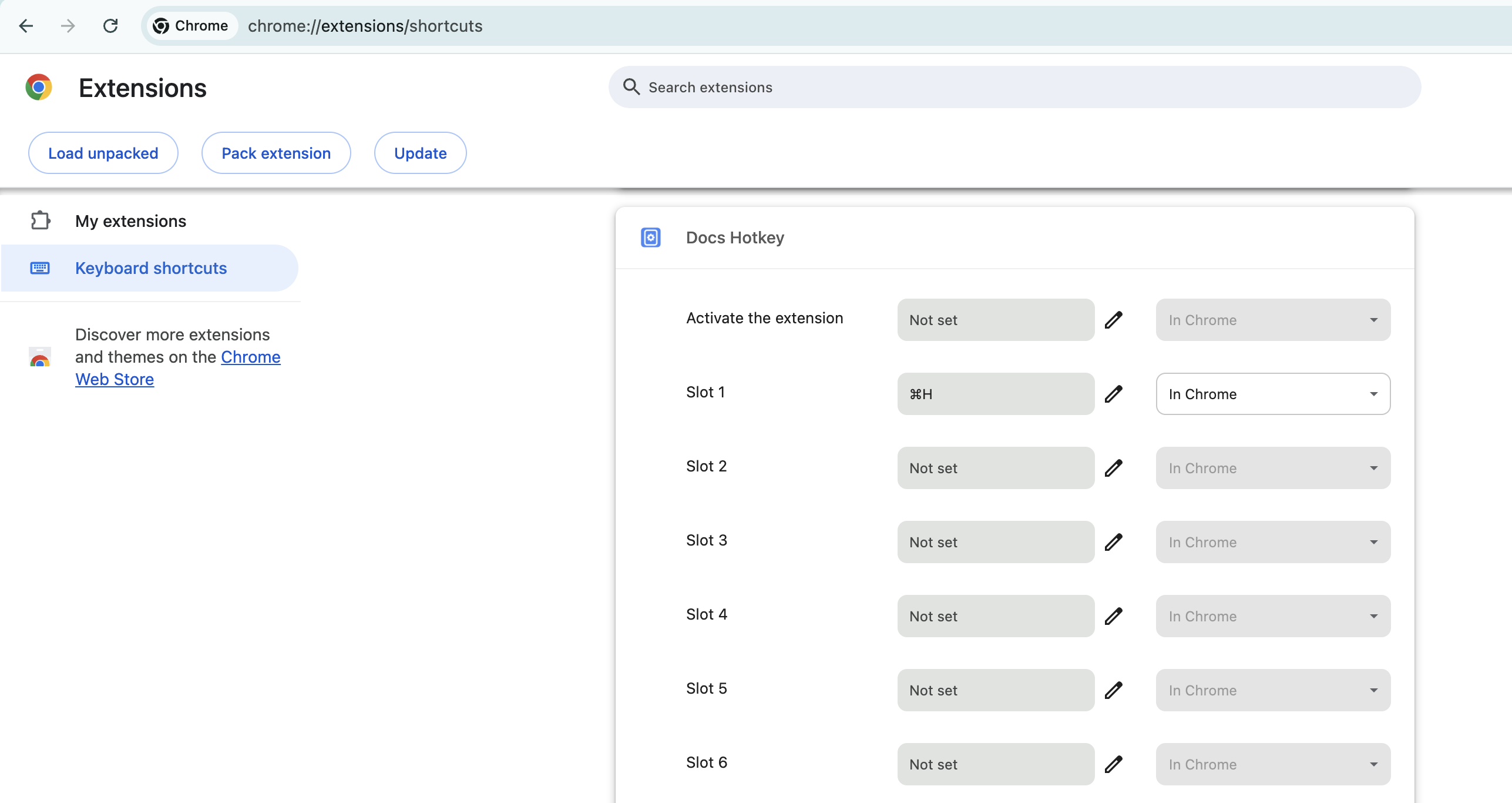 Chrome extension shortcuts page