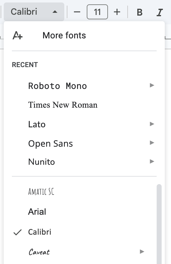 Font selection menu screenshot