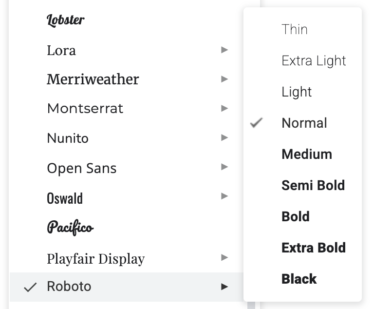Font weight menu screenshot