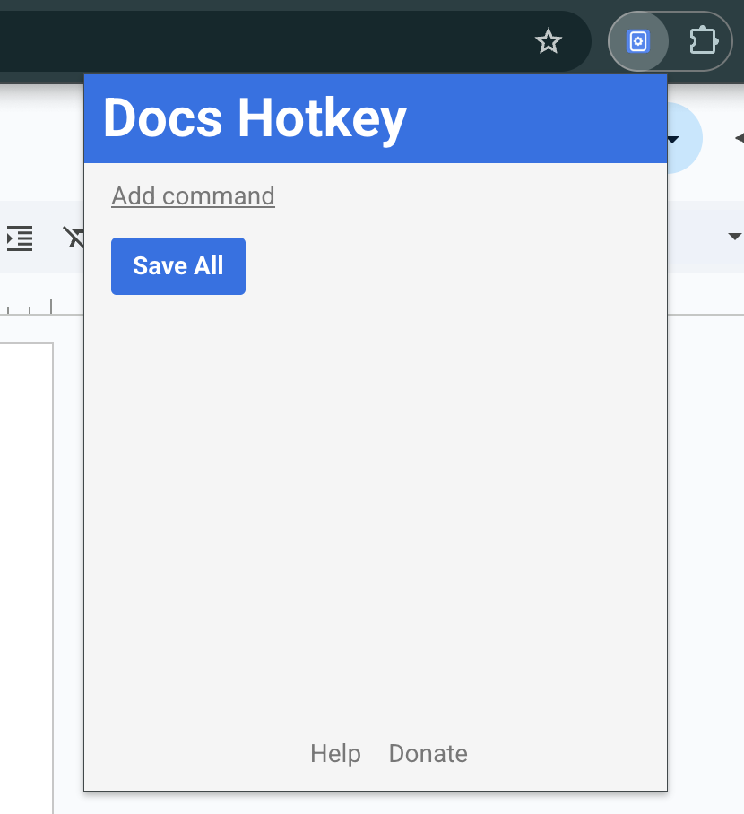 Docs Hotkey pop-up screenshot