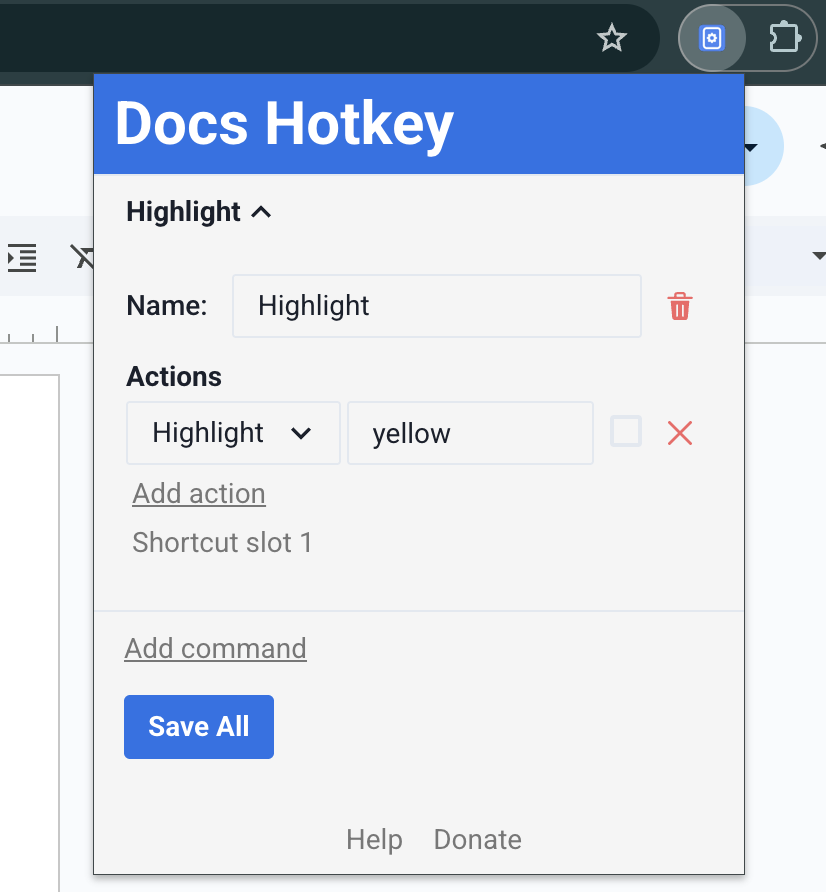 Docs Hotkey screenshot with the highlight command